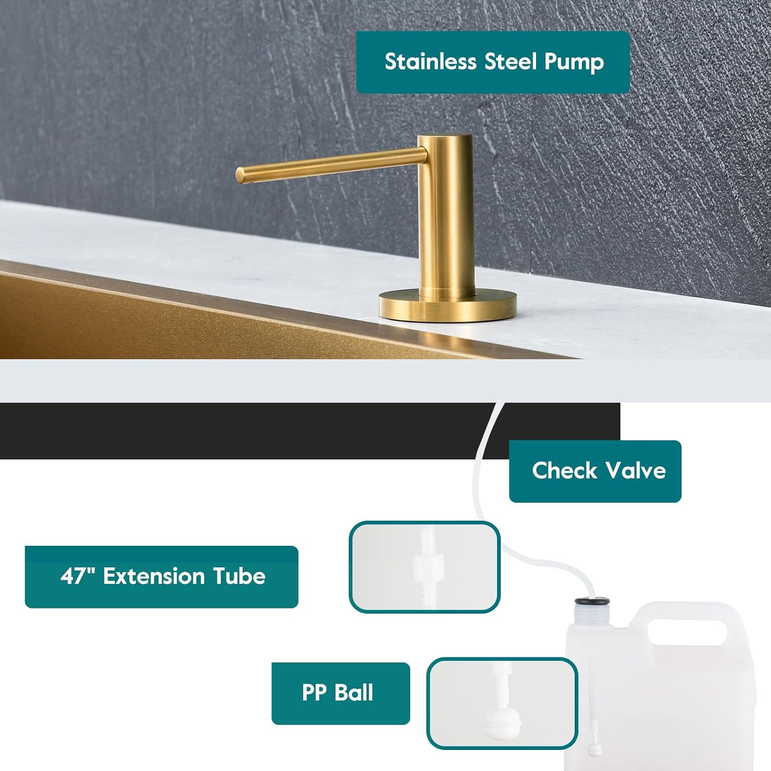 Gappo Soap Dispenser for Kitchen Sink Champagne Gold, Stainless Steel Countertop Pump, Built in