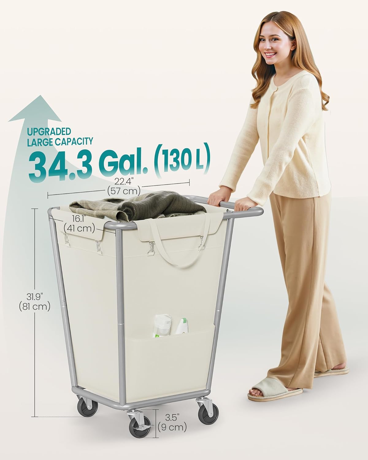 SONGMICS Laundry Basket with Wheels, 34.3 Gallons (130 L) Rolling Laundry Hamper with Removable