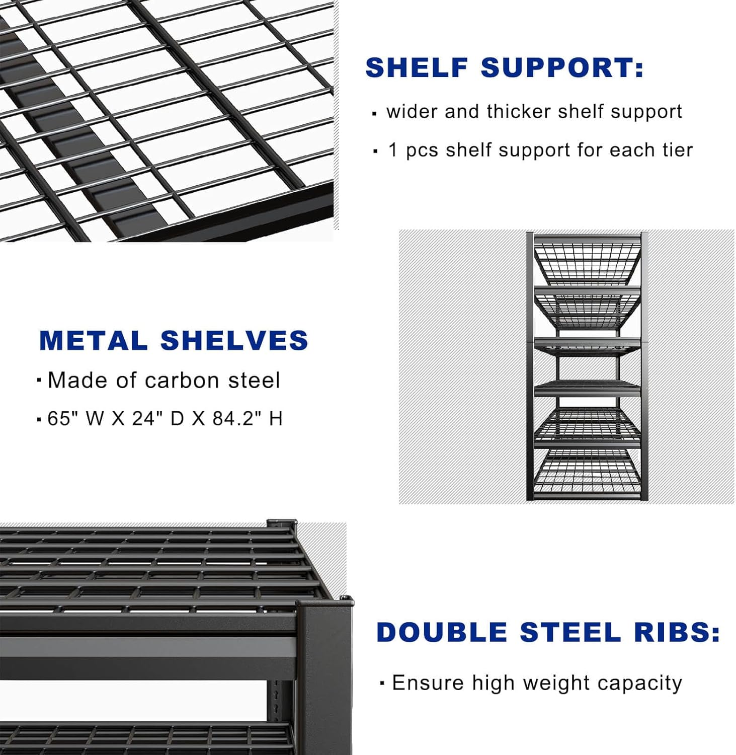 65" W Garage Shelving Heavy Duty, 6 Tier Garage Shelves, Adjustable Storage Shelving Unit