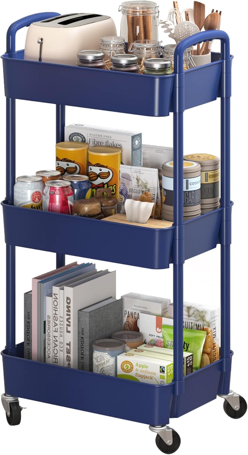 Sywhitta 3-Tier Plastic Rolling Utility Cart with Handle, Multi-Functional Storage Trolley for