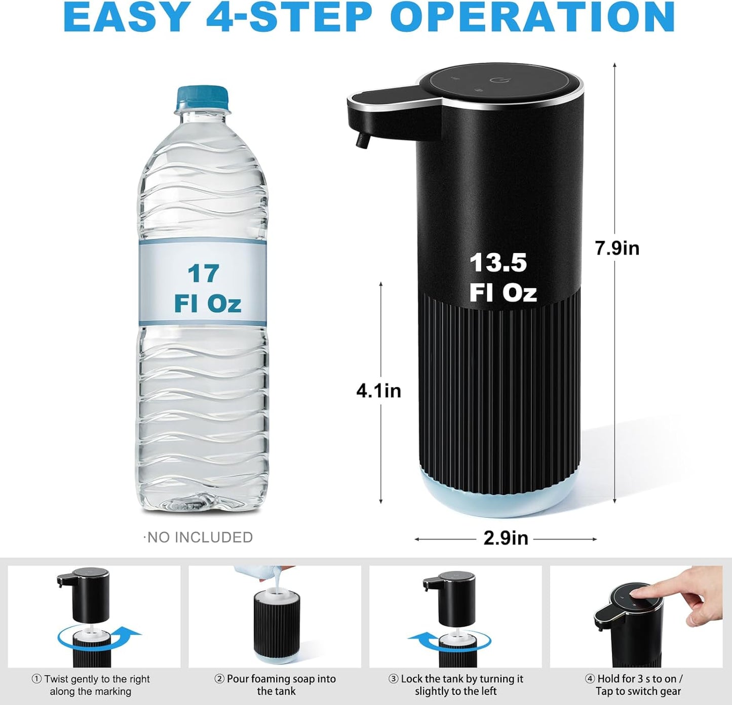 Automatic Foaming Soap Dispenser, 2 Pack Black Touchless Foam Hand Soap Dispenser Bathroom, 13.5 Fl