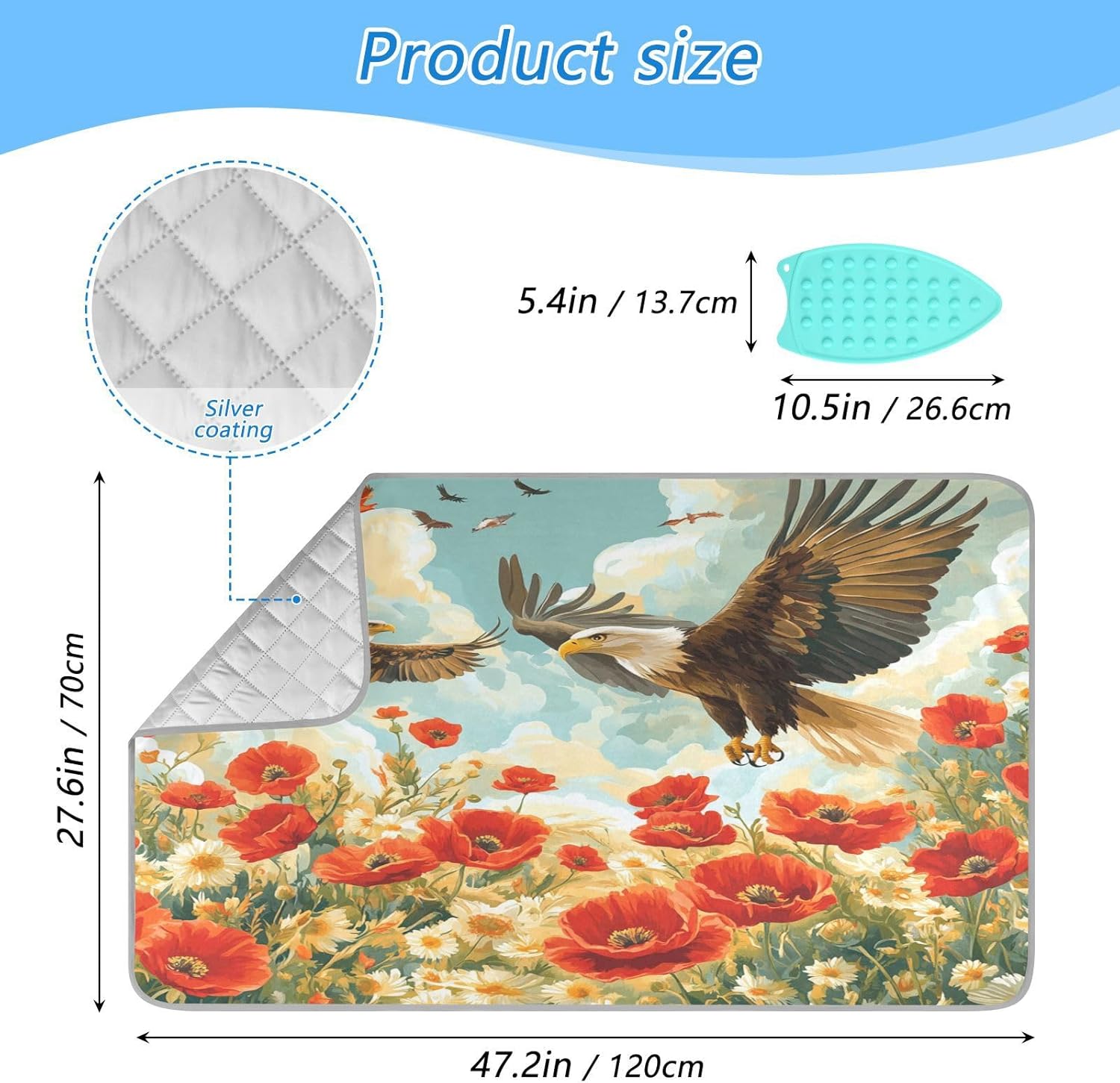 Vivid Poppy Wildflowers and Eagles Ironing Mat Thickened Ironing Blanket Travel Portable