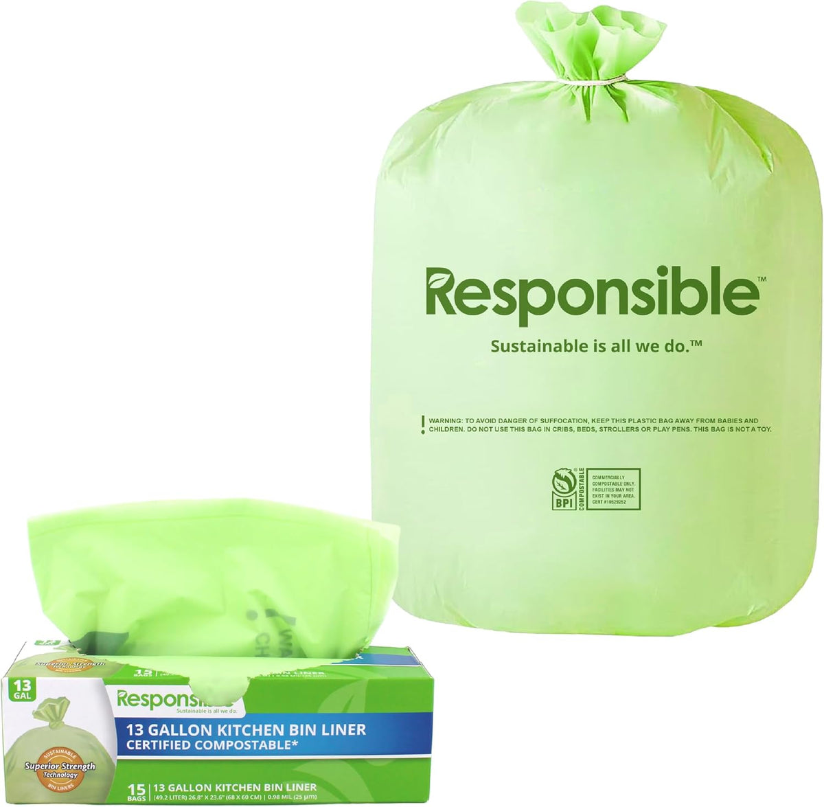 Responsible Products Kitchen Bin Liners, Certified Compostable, Heavy Duty Multipurpose Food Scrap