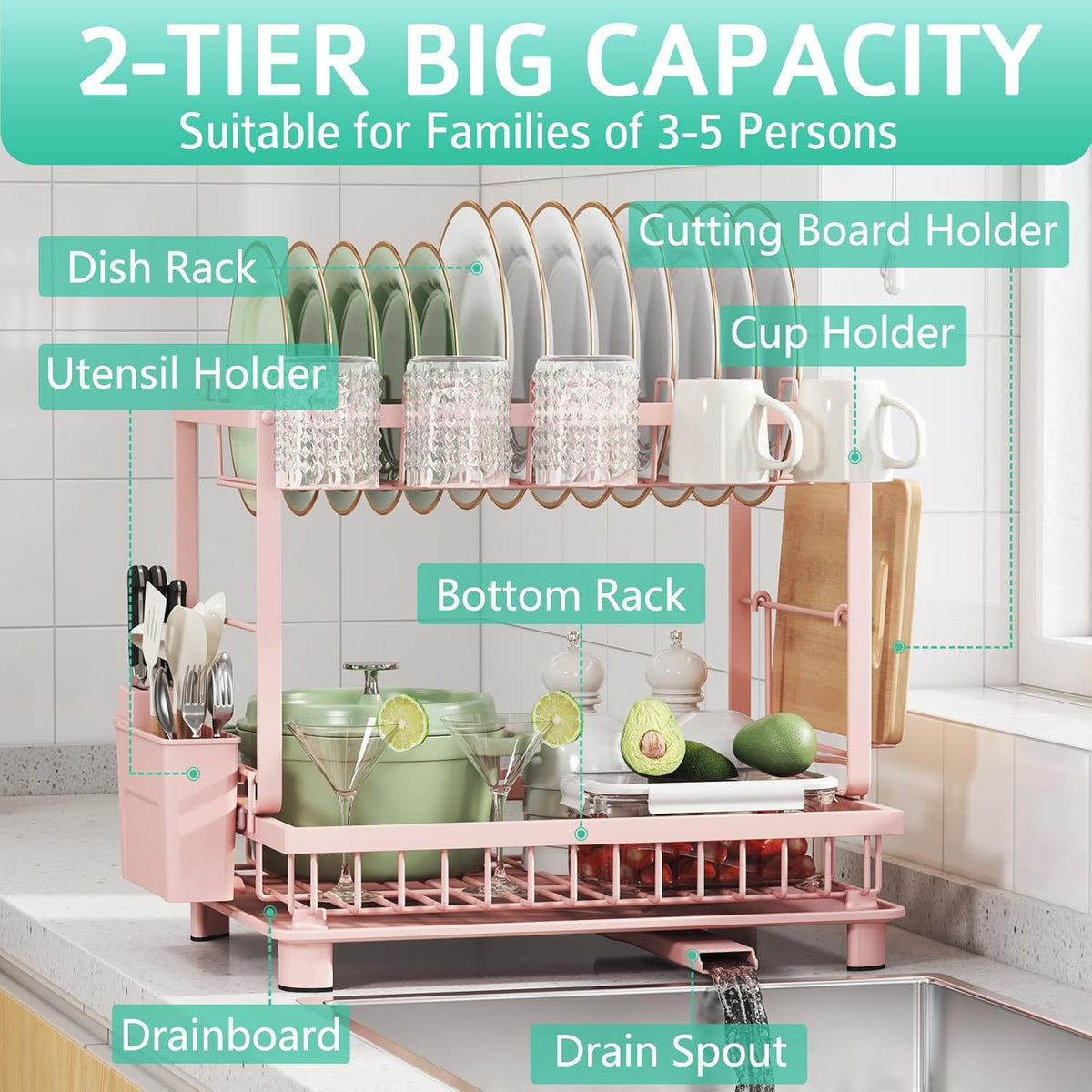Multifunctional Dish Drying Rack - Rustproof, 2-Tier Dish Racks with Drainboard, Space-Saving