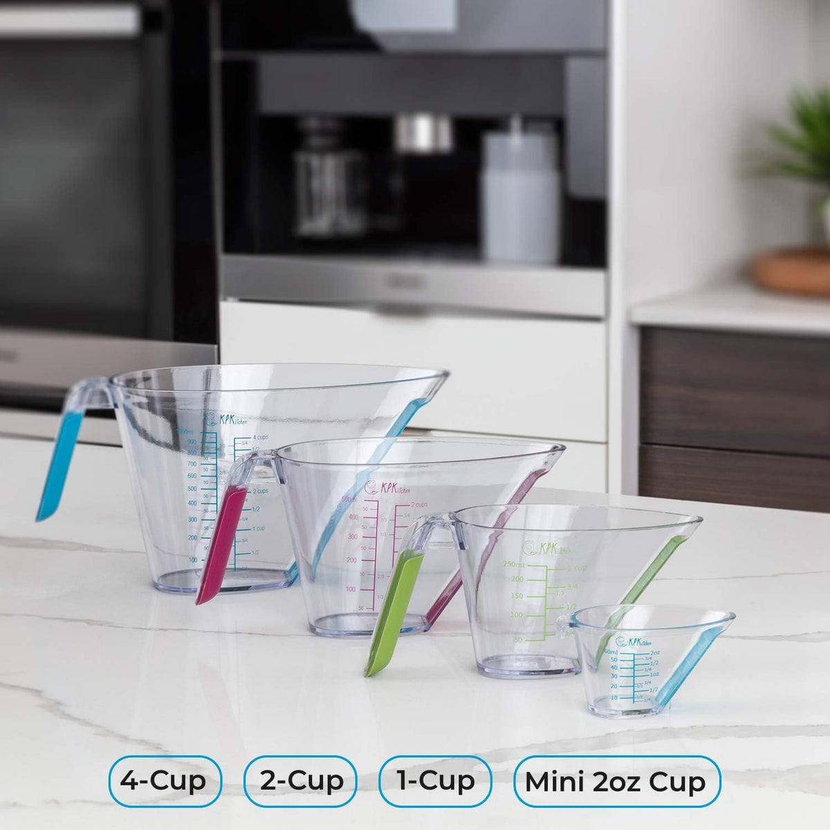 KPKitchen 4-Piece Angled Liquid Measuring Cups Plastic Set - BPA-Free Mini Oz, 1, 2 and 4 Plastic