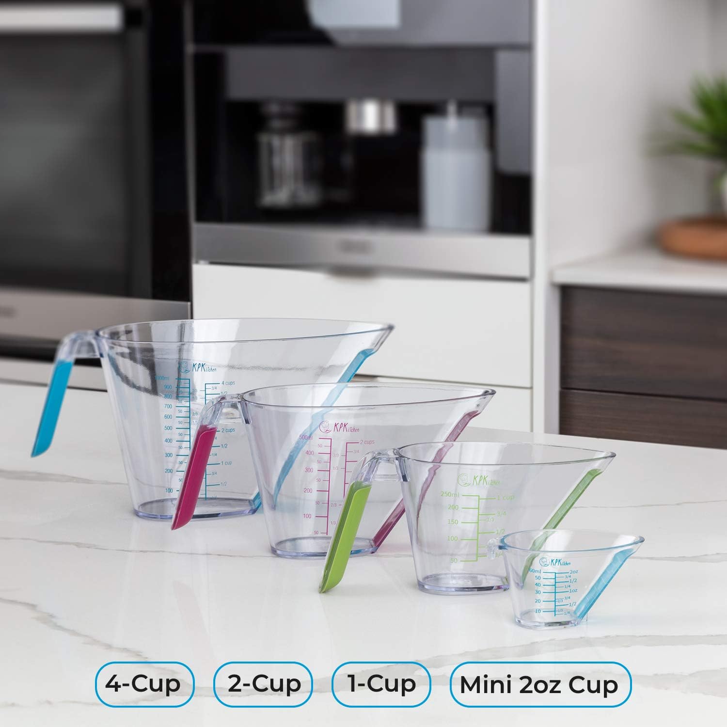 KPKitchen 4-Piece Angled Liquid Measuring Cups Plastic Set - BPA-Free Mini Oz, 1, 2 and 4 Plastic