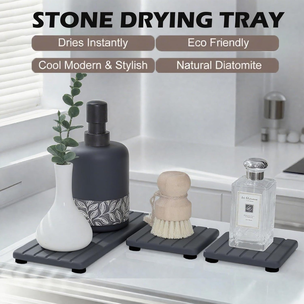 3PCS Stone Drying Tray, Stone Soap Tray, Water Absorbing Stones Trays for Sink, Fast Dry Diatomite