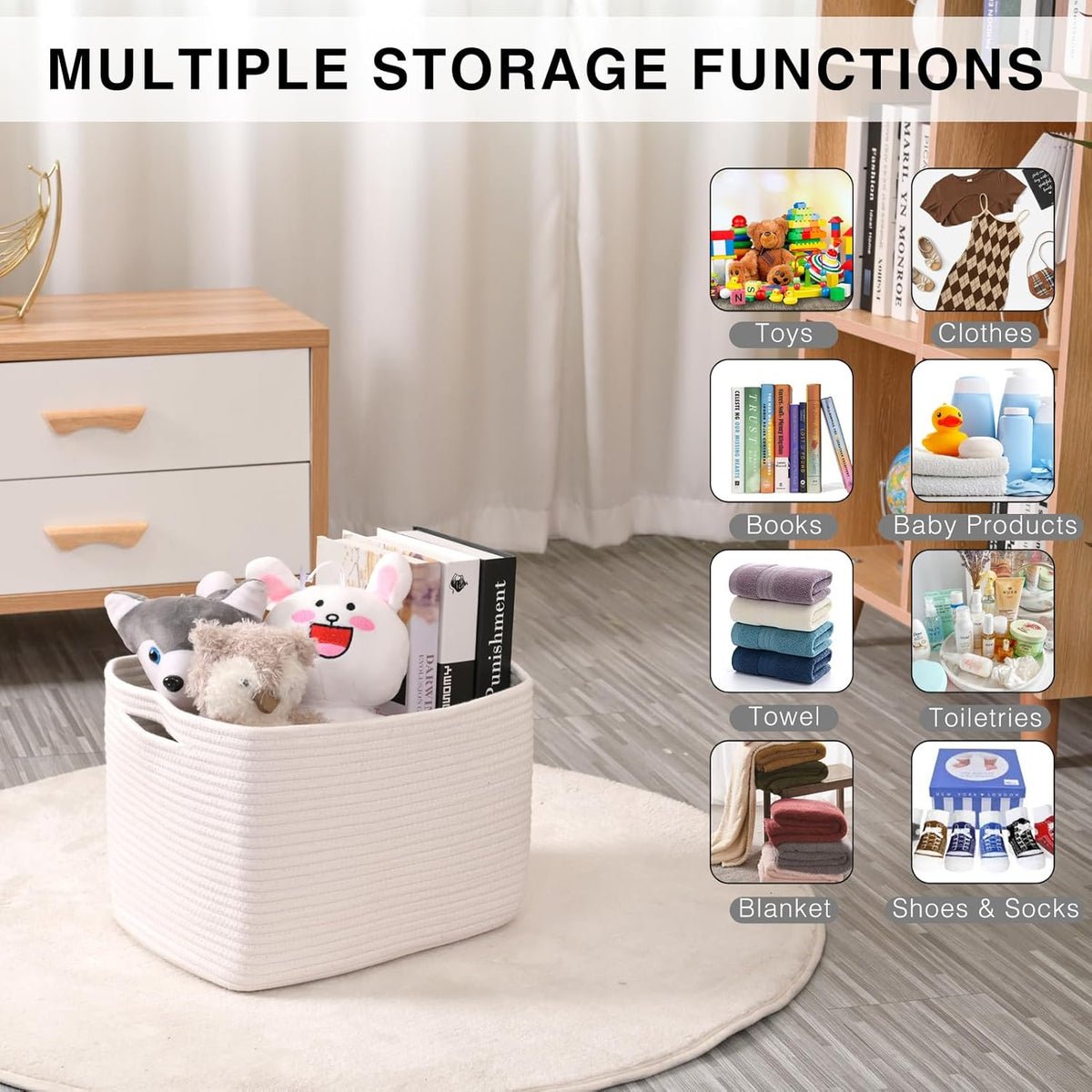 Storage Baskets for Organizing Shelves, Woven Cotton Rope Bins for Baby Nursery Organization, Book