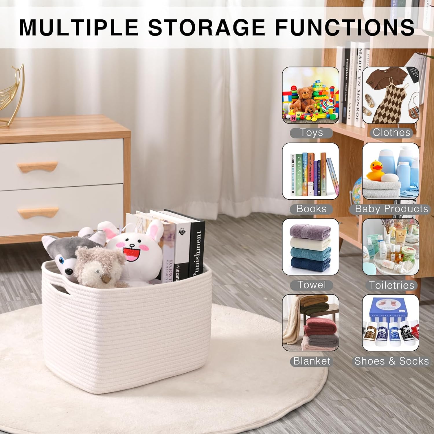 Storage Baskets for Organizing Shelves, Woven Cotton Rope Bins for Baby Nursery Organization, Book
