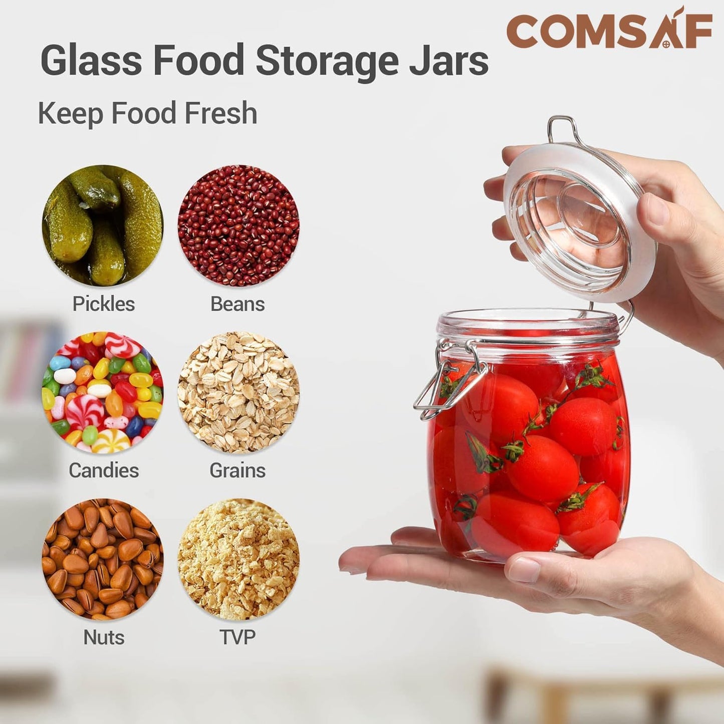 ComSaf 25oz Airtight Glass Canisters with Lids Set of 6, Round Food Storage Jar Container with
