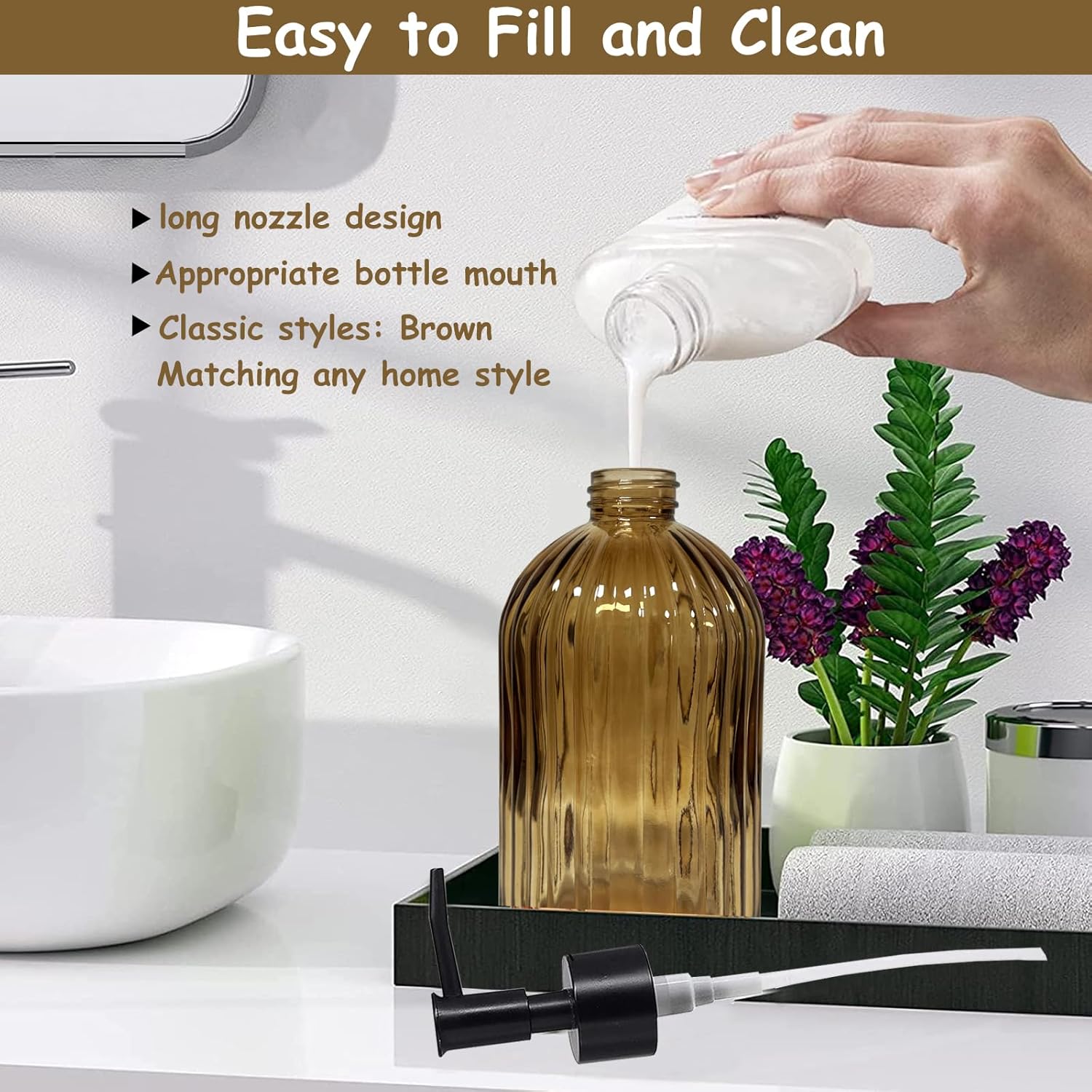 Black Pump Glass Soap Dispenser, 13.5oz Brown Stripe Countertop Refillable Liquid Bottle Hand Dish
