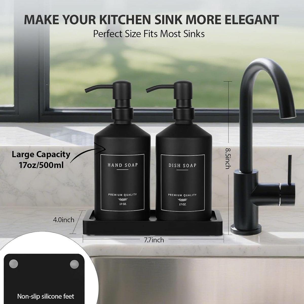 Matte Black Soap Dispenser Set, 17 OZ Hand and Dish Soap Dispenser Set, Bathroom Refillable Soap