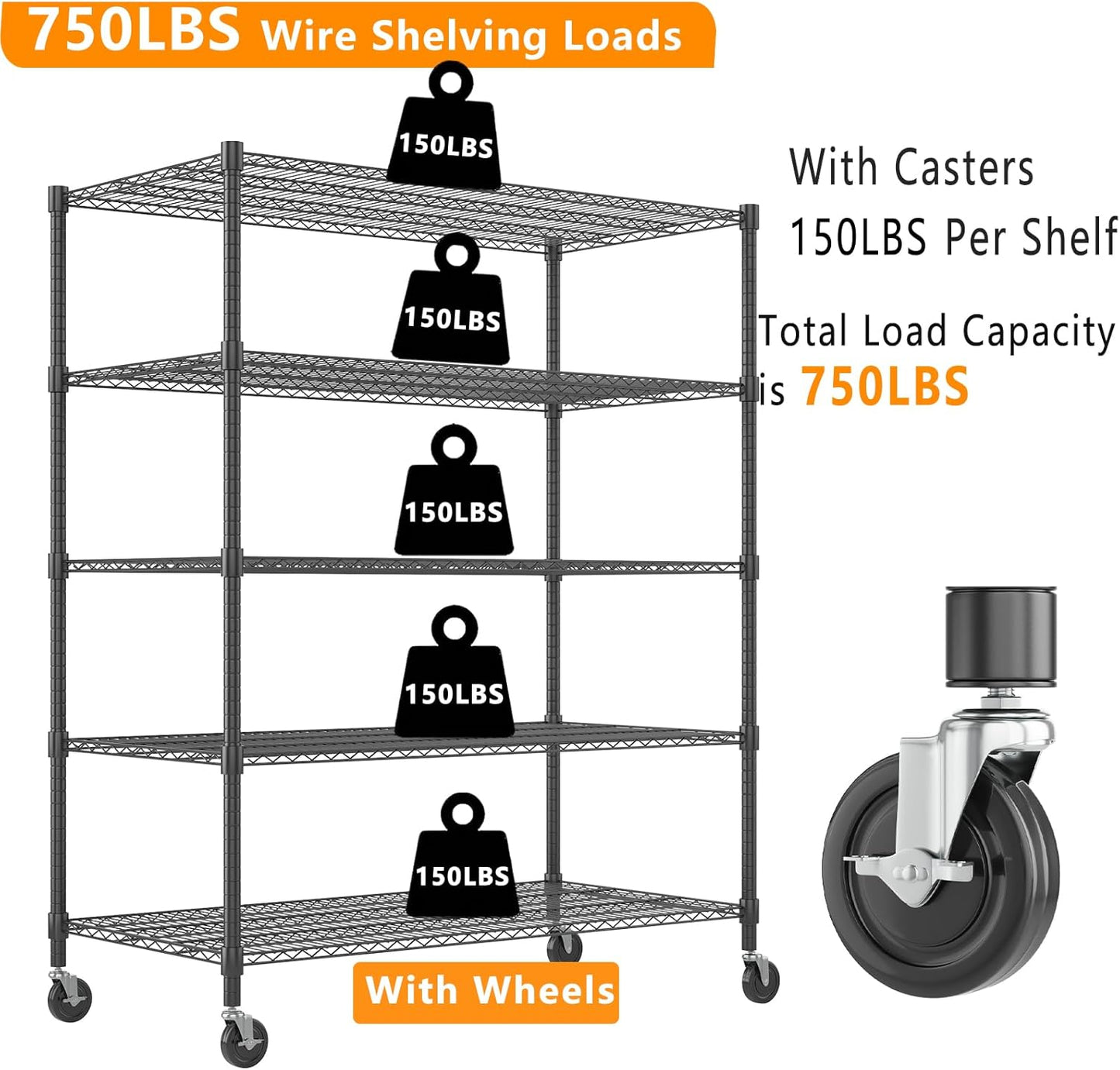 Himimi 5 Tier Wire Shelving with Wheels Heavy Duty Height Adjustable Metal Shelves for Storage