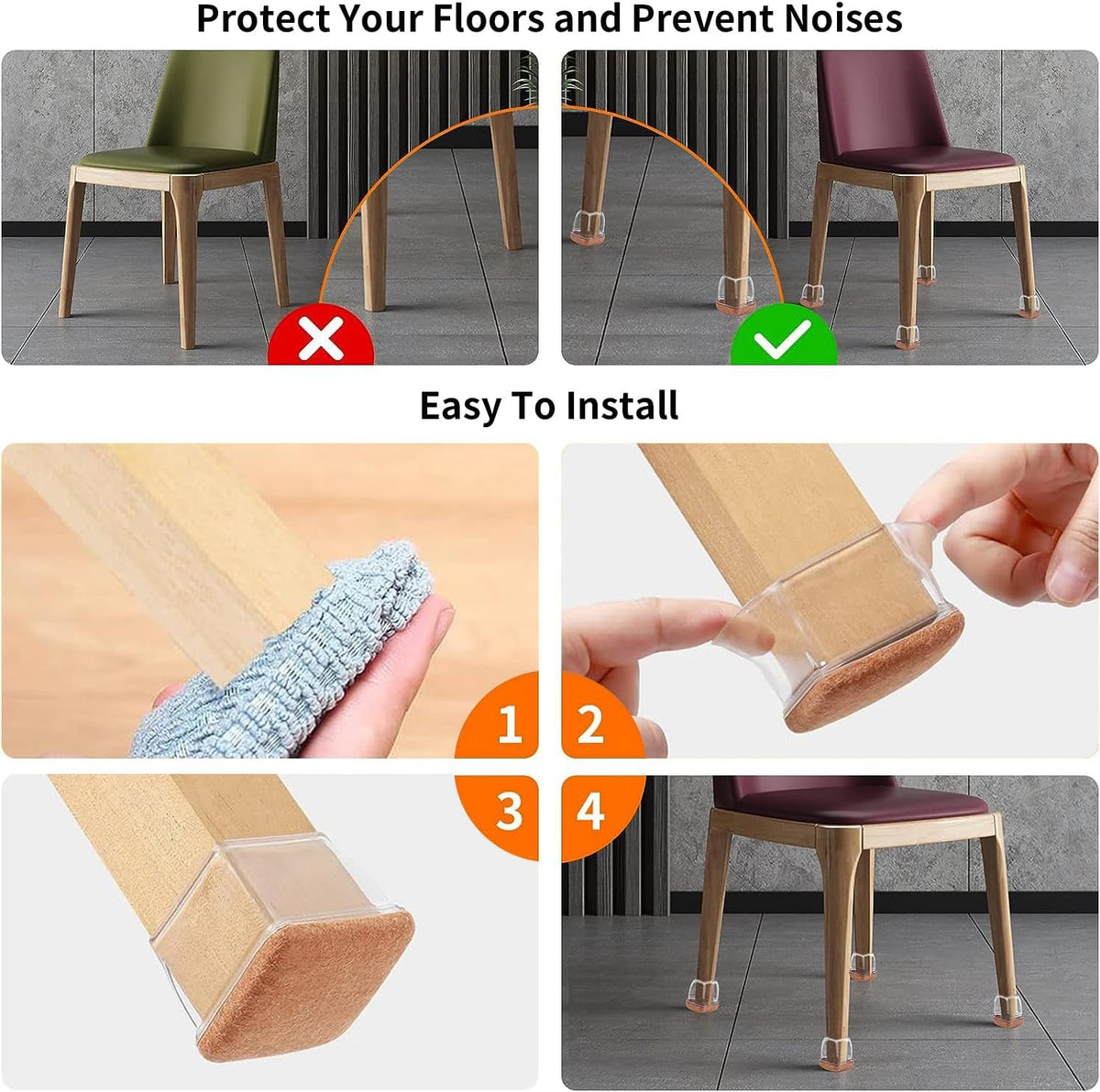 Ezprotekt 24 Pcs XL Square Clear Chair Leg Floor Protectors, Silicone Felt Furniture Pads Caps for
