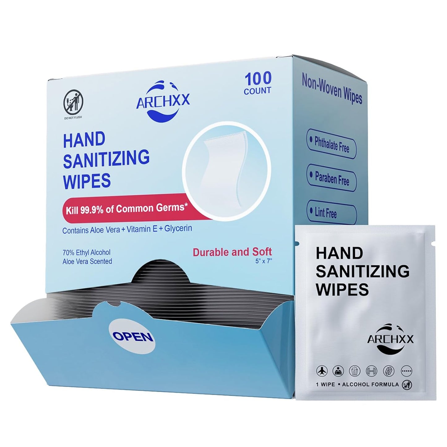 Premium Hand Sanitizing Wipes, 100 Count Non-Woven Wet Wipes Travel Size, Aloe Vera Scent, 70%