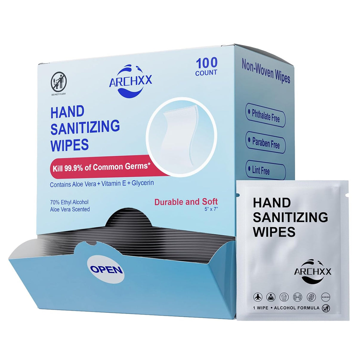 Premium Hand Sanitizing Wipes, 100 Count Non-Woven Wet Wipes Travel Size, Aloe Vera Scent, 70%
