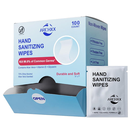 Premium Hand Sanitizing Wipes, 100 Count Non-Woven Wet Wipes Travel Size, Aloe Vera Scent, 70%