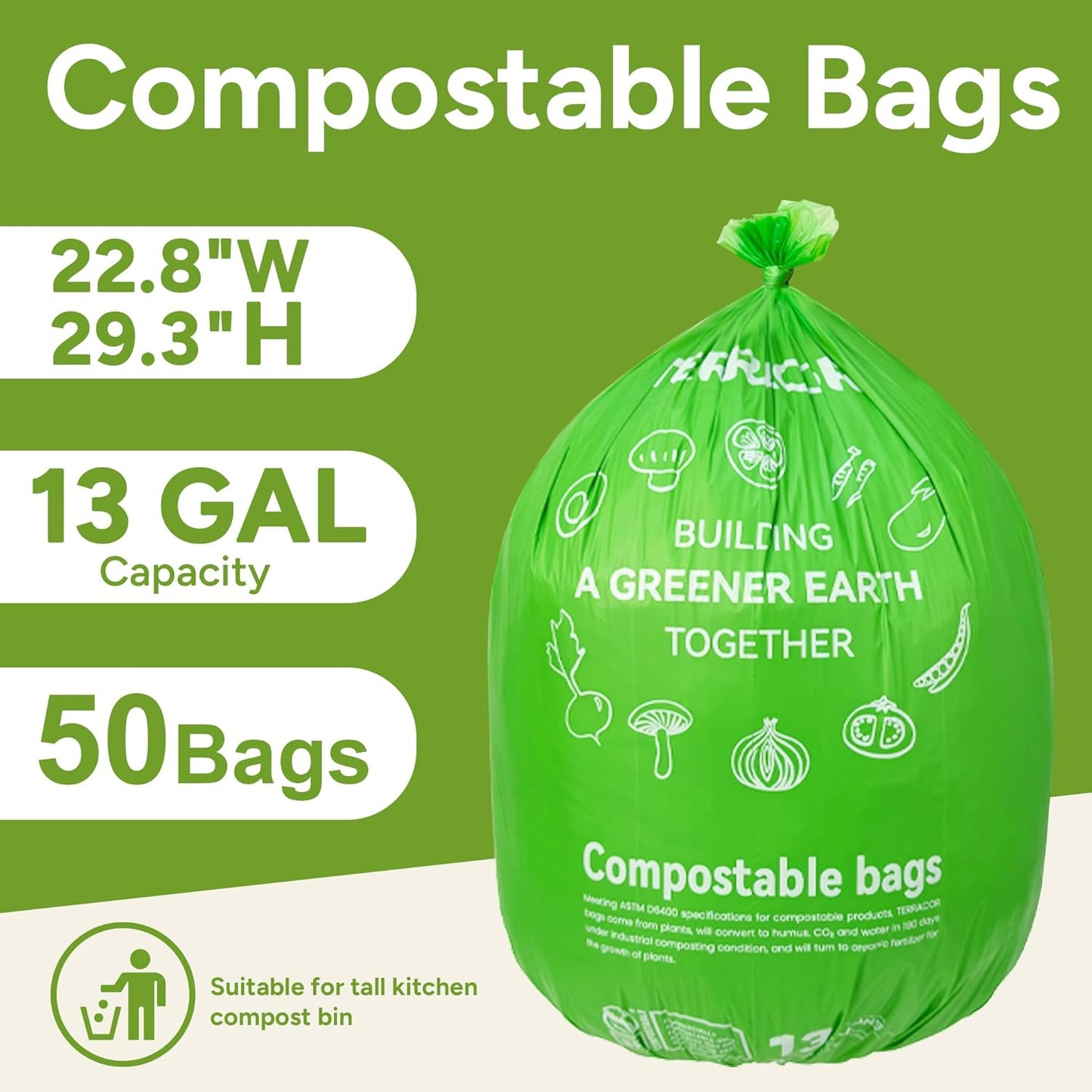 13 Gallon Compostable Trash Bags,50 Count, Heavy Duty Tall Kitchen Food Scrap Waste Bag,Certified