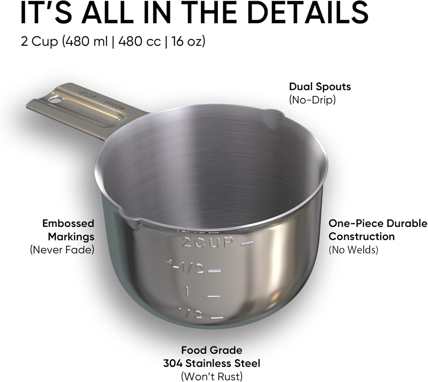 Color Up 2 Cup Measuring Cup, 480ml Stainless Steel Metal, Easy-Pour Spouts, Engraved Markings