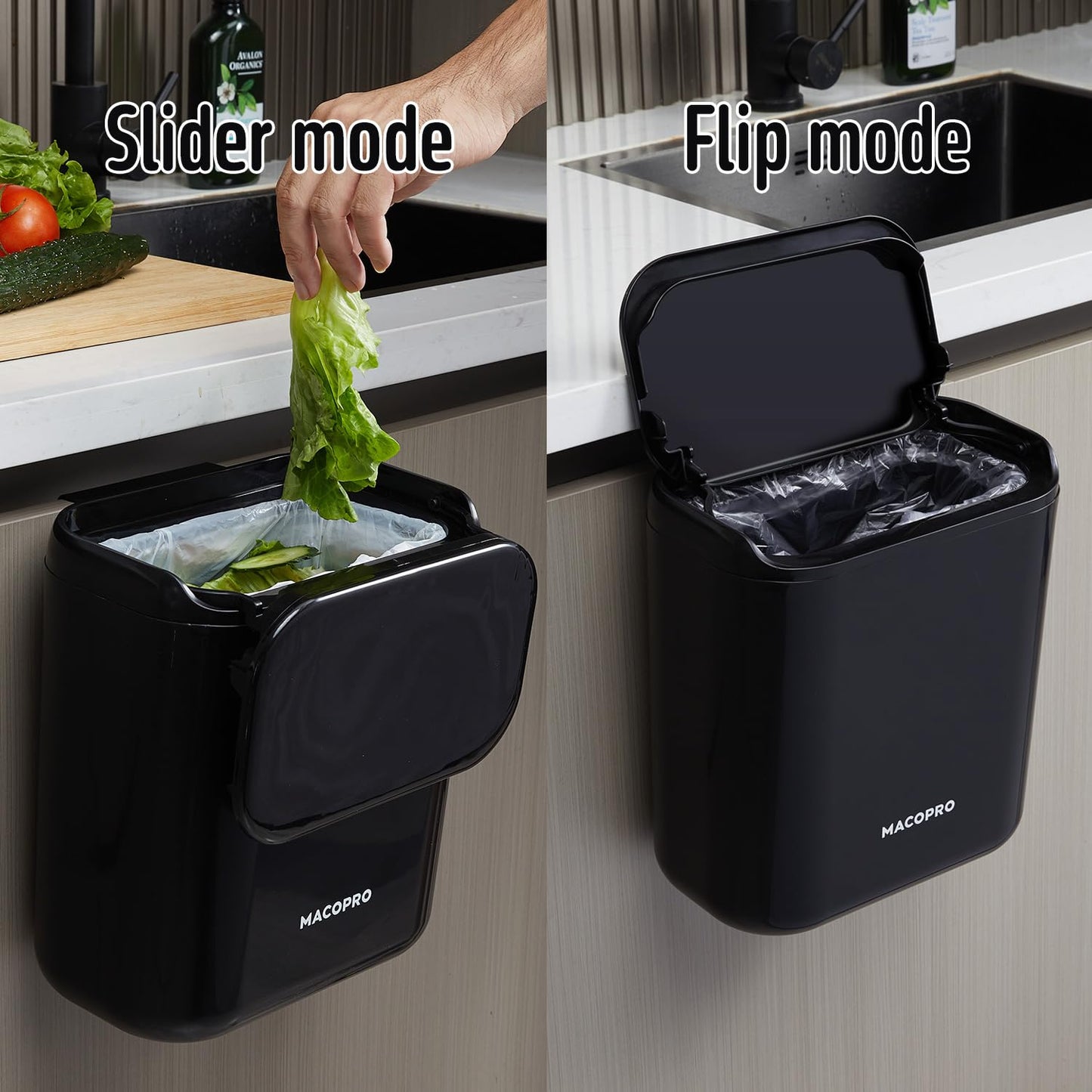 Compost Bin Hanging Trash Can with Lid Under Sink for Kitchen, Food Waste Bin for Countertop with