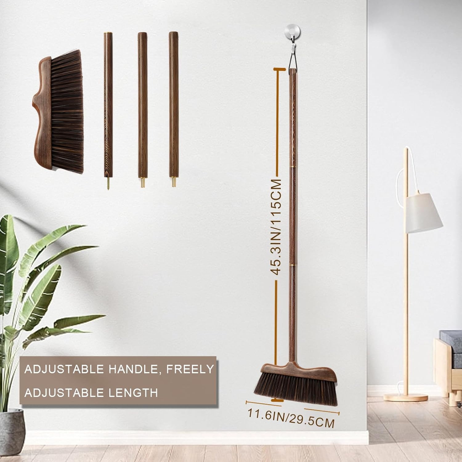 Wood Angle Broom – 44.8” Wooden Handle Compact Brooms for Indoor Kitchen – Soft PP Bristles