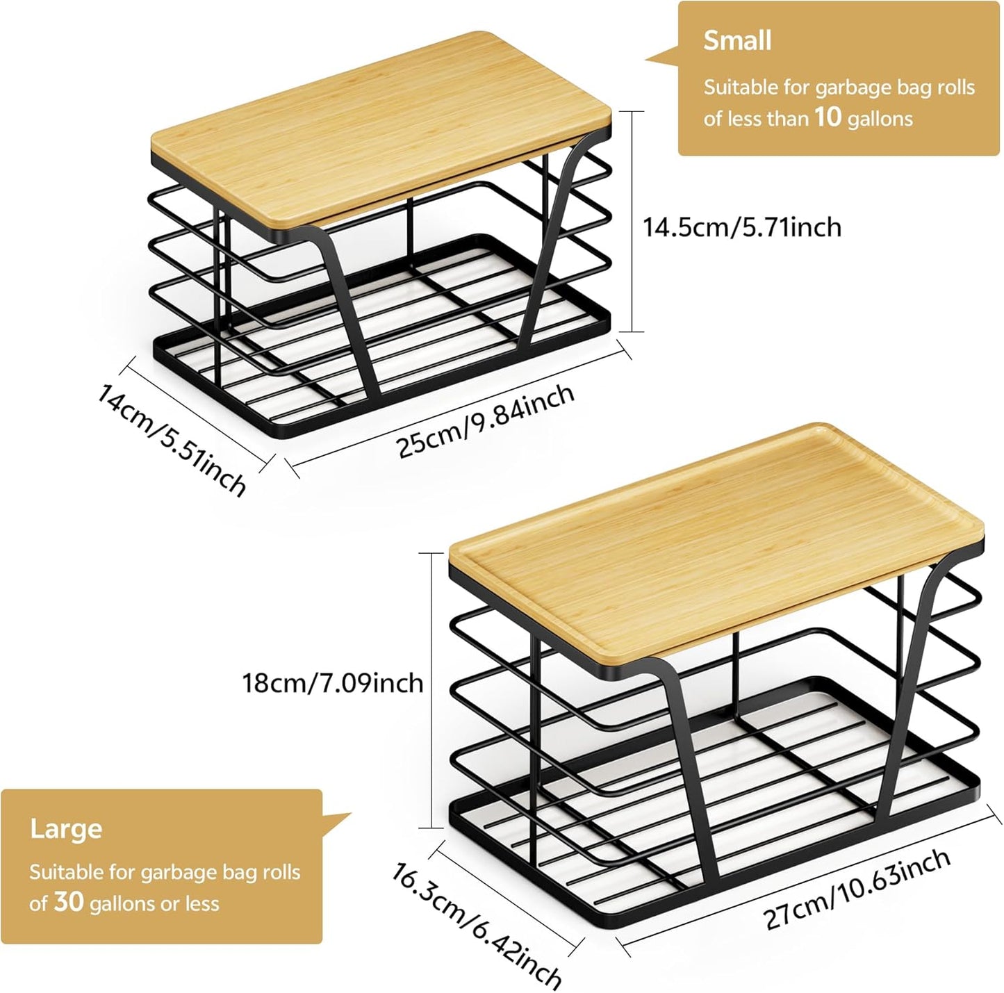 2 Pack Stackable Storage Laundry Kitchen Organizers, Wall Mount Trash Bag Holder with Bamboo Top