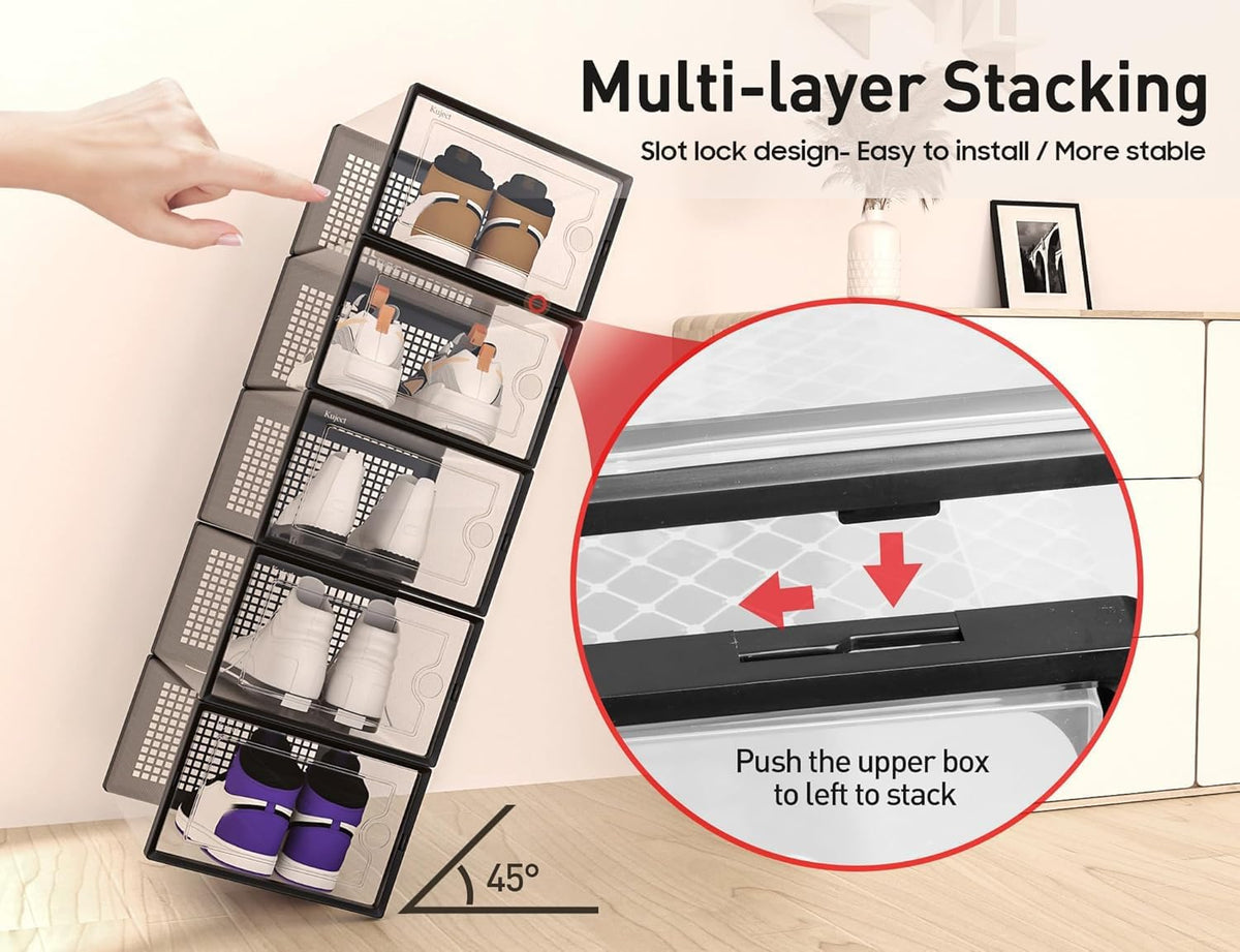 Kuject X-Large Shoe Storage Boxes Organizers Clear Plastic Stackable 12 Pack, Shoe Rack & Holder