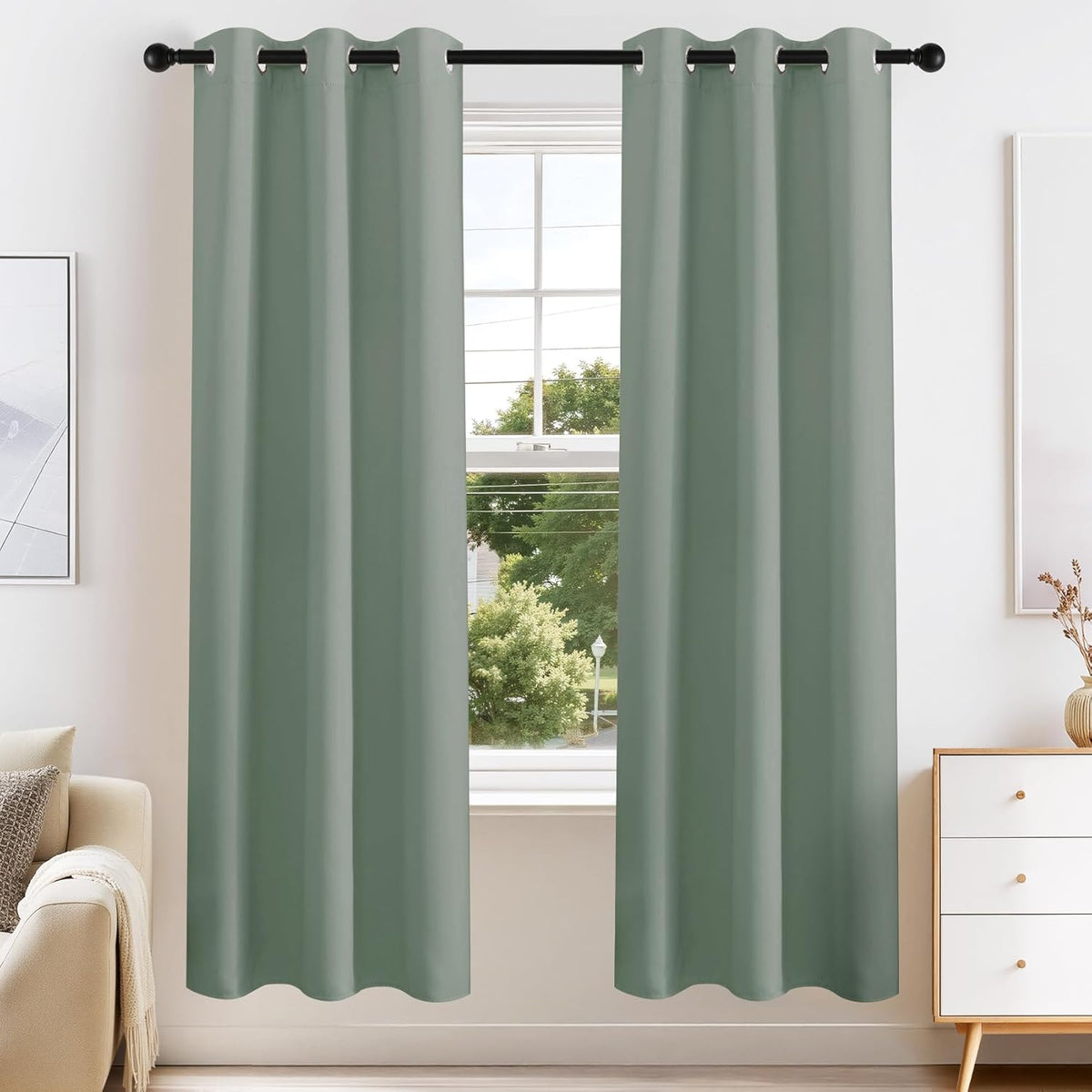 PONY DANCE Sage Green Blackout Curtains for Bedroom 63 Inch Length 2 Panels Set, Thermal Insulated