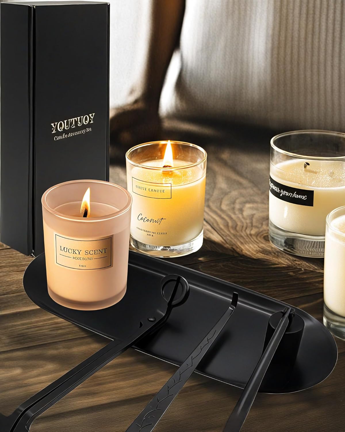 4 in1 Candle Accessory Set with Storage Tray Plate, Candle Wick Trimmer, Candle Wick Snuffer
