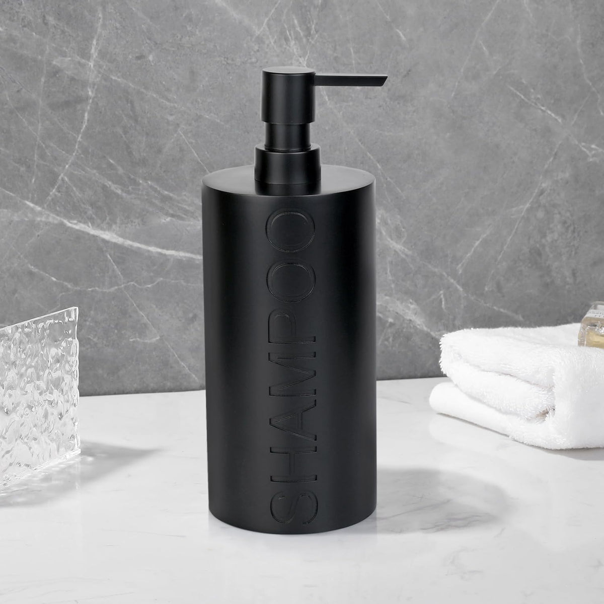 Matte Black Shampoo Dispenser Modern Refillable Pump Bottle with Embossed Text, Durable Resin