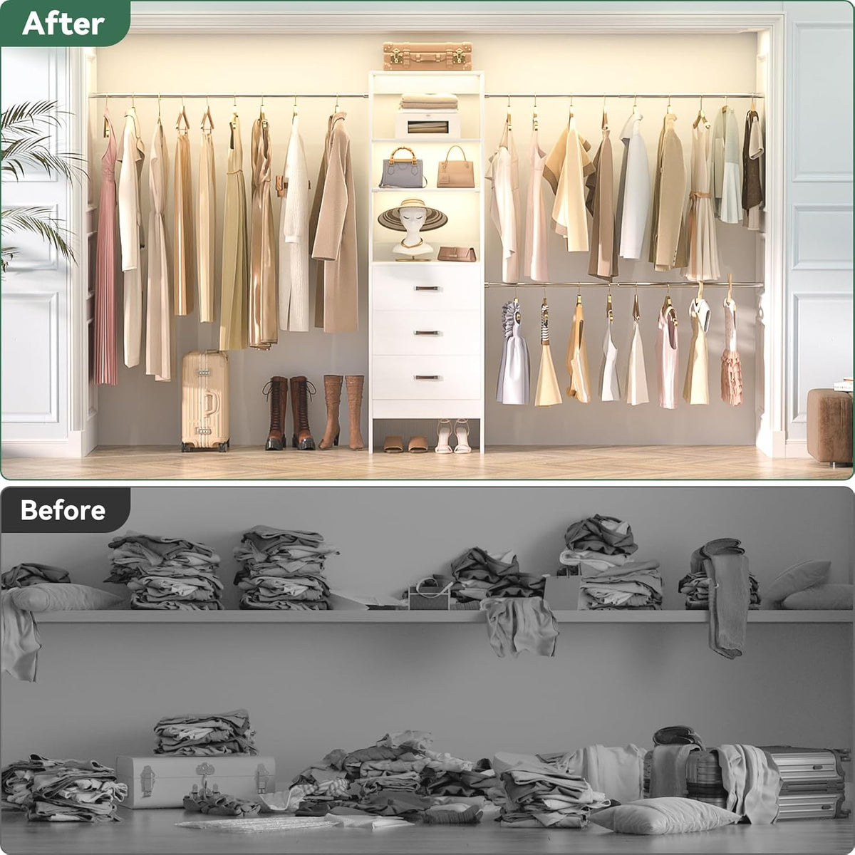 96'' Closet Organizer System with 3 Hanging Rods (Without 3 Storage Shelves), 8FT Closet Systems