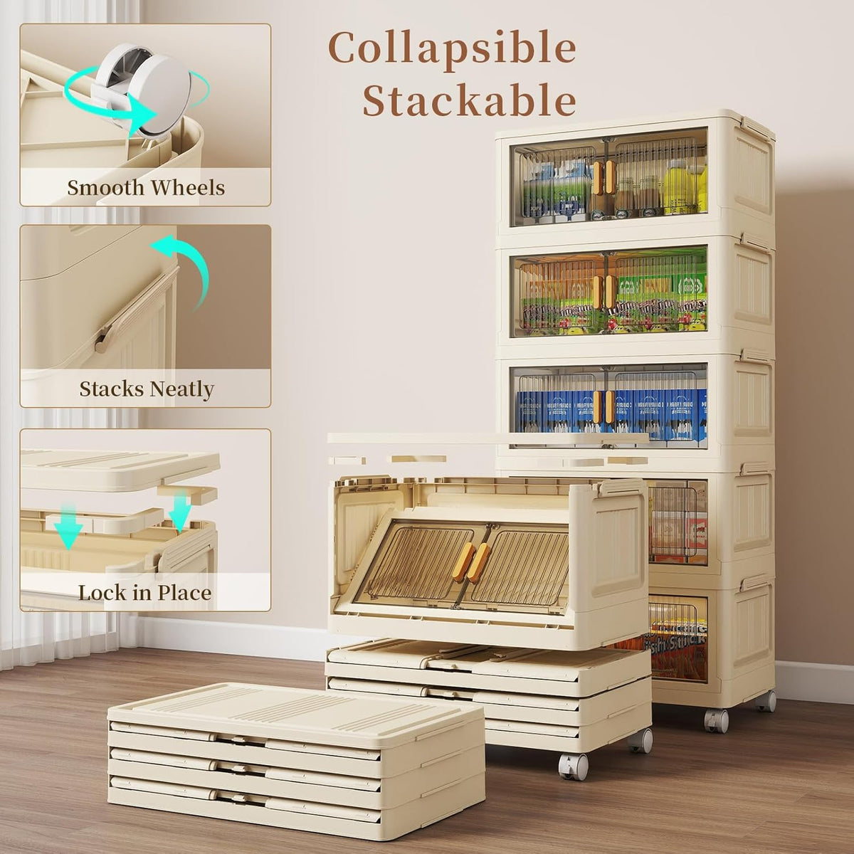 5 Tier Stackable Plastic Storage Bins with Lids 58QT, Collapsible Closet Organizers and Storage