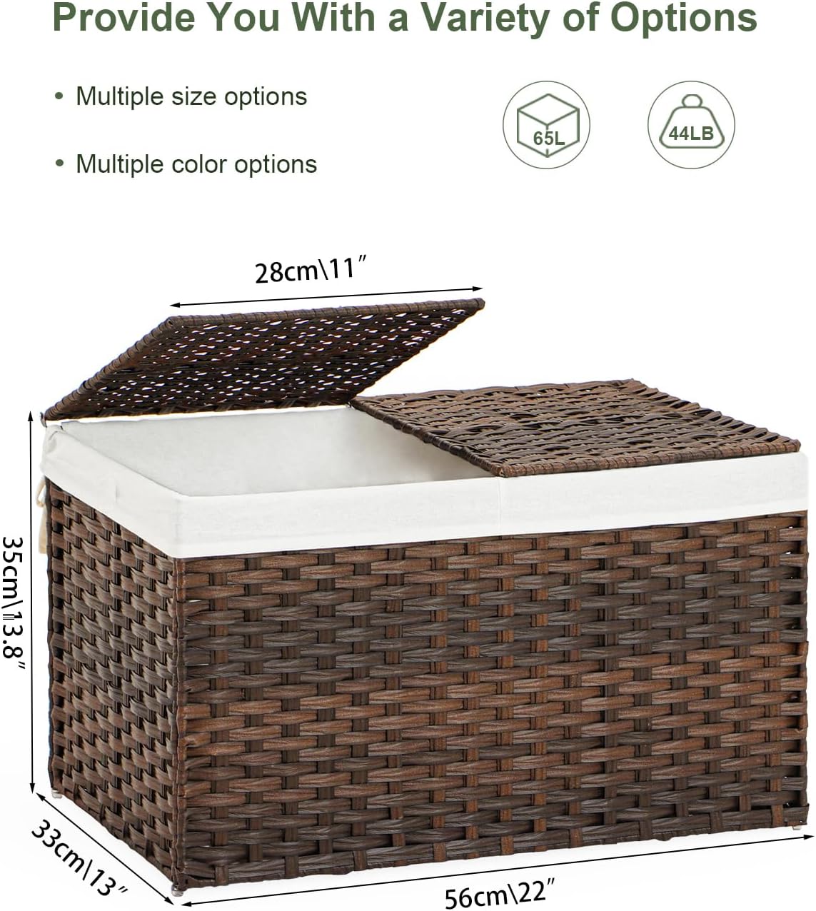 Storage Basket with Lid Rattan Woven Storage Baskets with 2 Separate Lids, 17.2 Gallon (65 L), 22 x