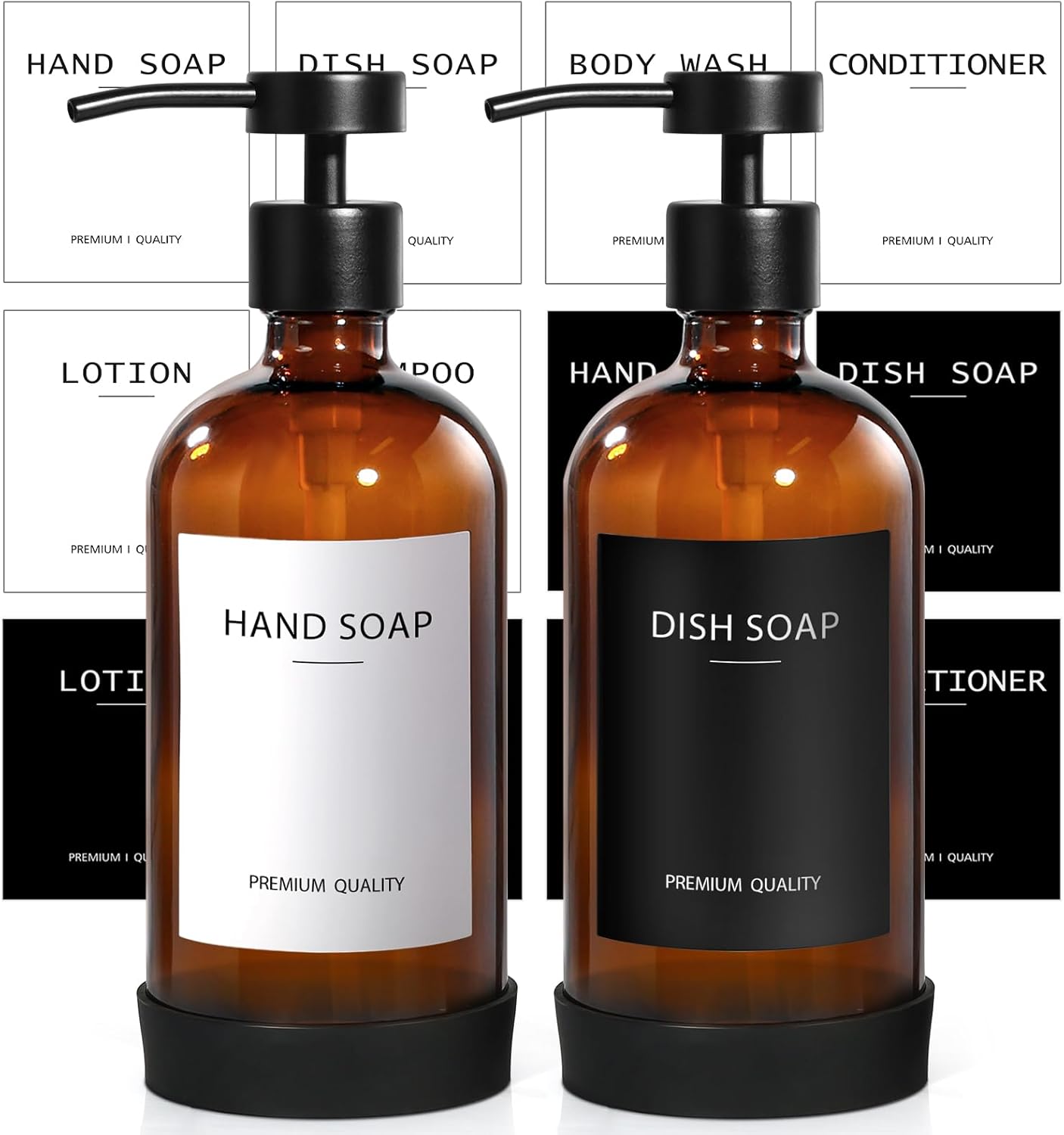 Amber Glass Soap Dispenser 2 Pack, Hand Soap Dispenser Bathroom with Stainless Steel Pump, 16.9 Fl