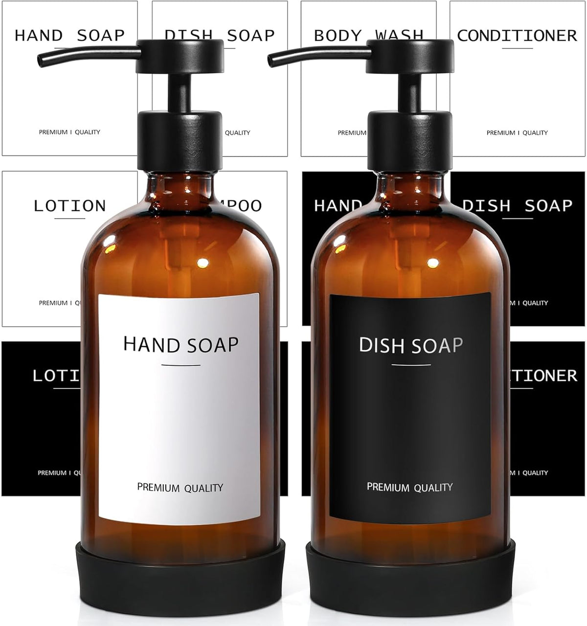 Amber Glass Soap Dispenser 2 Pack, Hand Soap Dispenser Bathroom with Stainless Steel Pump, 16.9 Fl