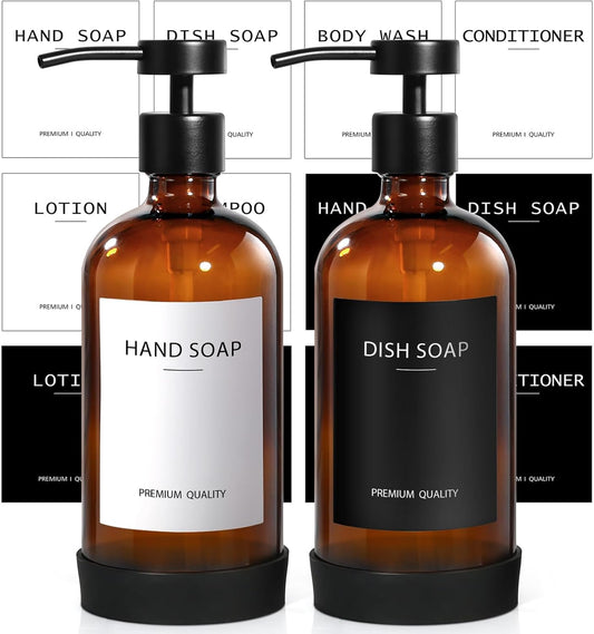 Amber Glass Soap Dispenser 2 Pack, Hand Soap Dispenser Bathroom with Stainless Steel Pump, 16.9 Fl