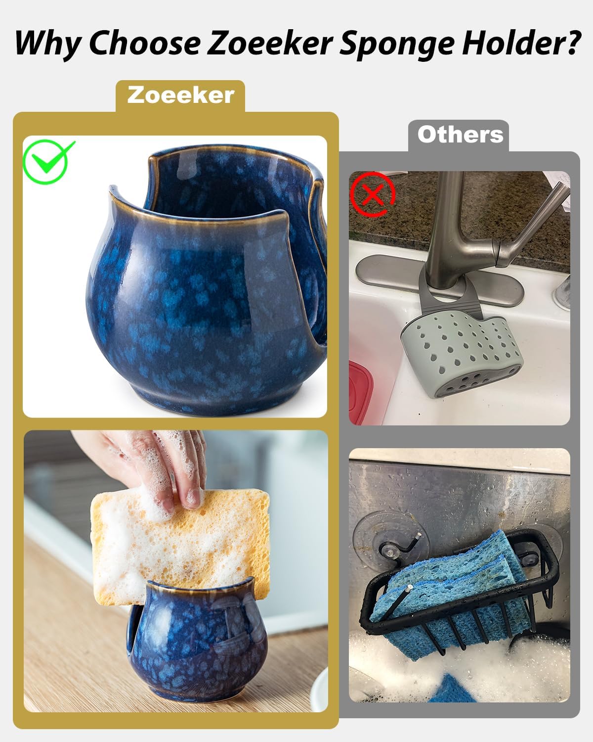 Ceramic Sponge Holder, Kitchen Sink Scrubby Caddy Organizer Dish Sponge Dish Rack for Scrubbers