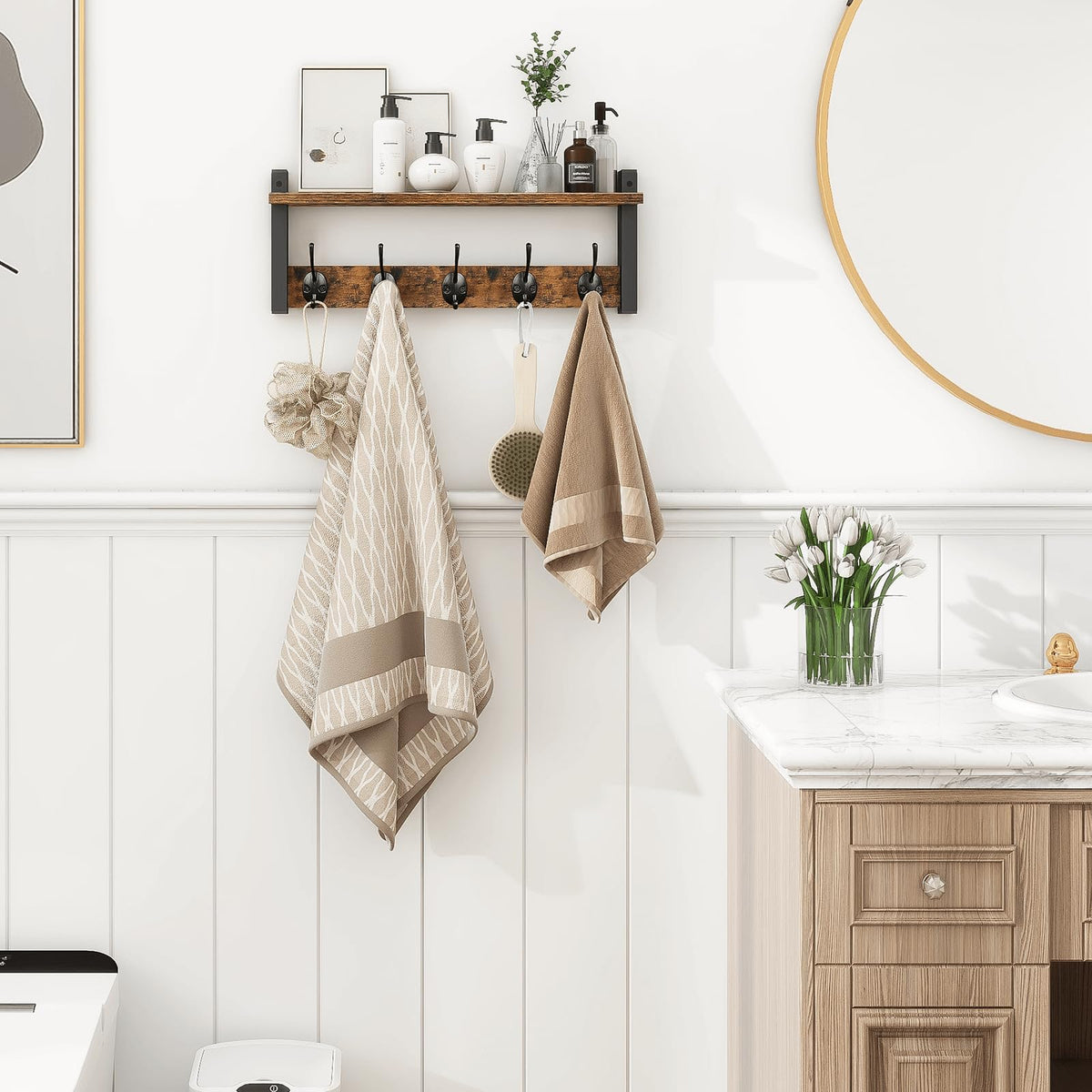 Homode Wall Hooks with Shelf, Wood Coat Rack with Shelf Wall-Mounted, Entryway Hanging Shelves with