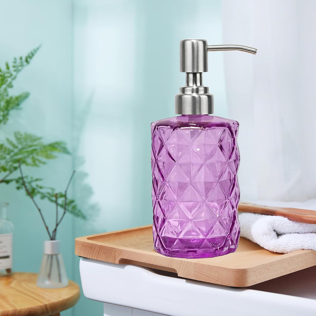 12Oz Purple Glass Soap Dispenser with Stainless Steel Pump, Refillable Kitchen Liquid Hand Soap
