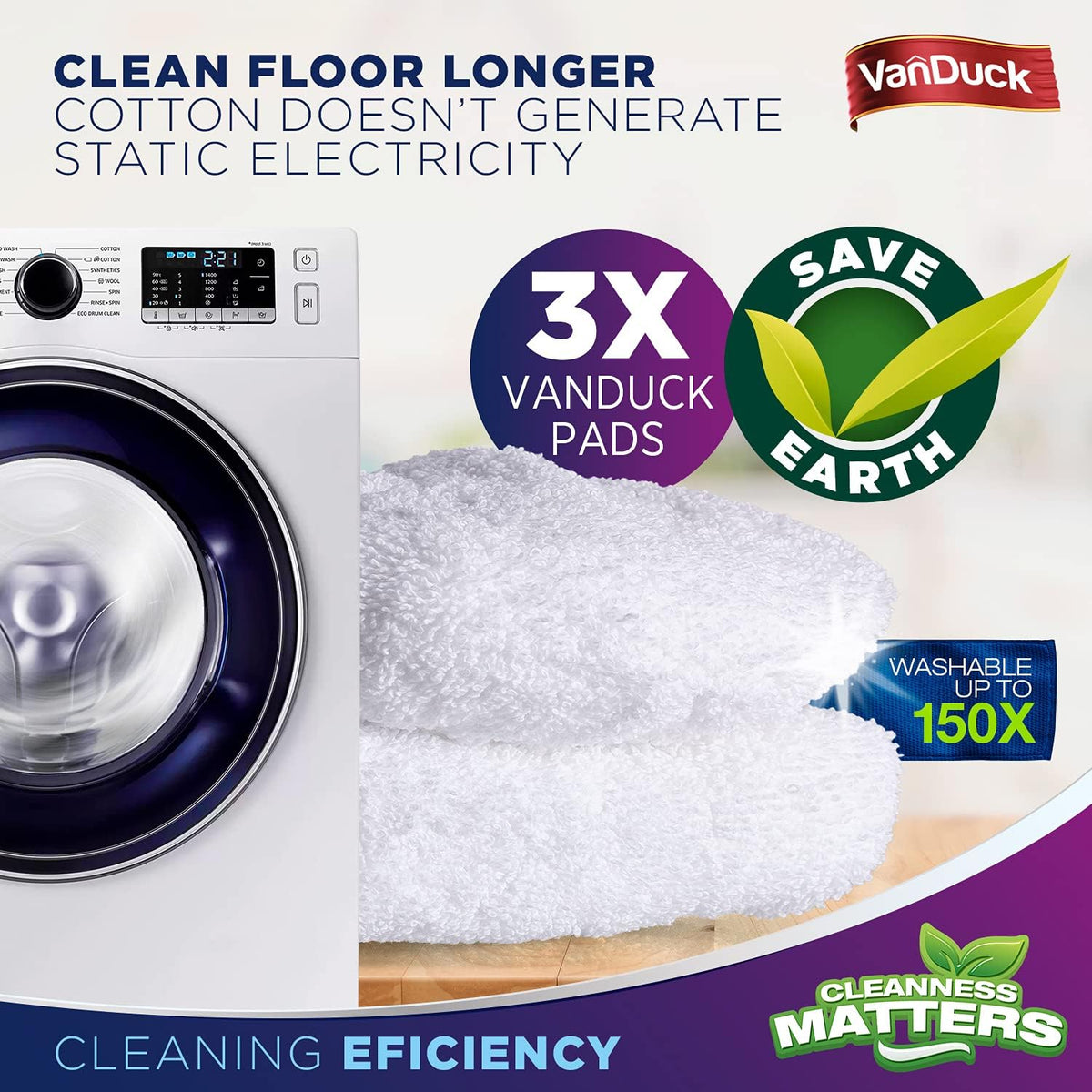 VanDuck 100% Cotton Terry Mop Pads 15x8 Inches 3-Pack, Terry Cloth Mop Covers (Handle is Not