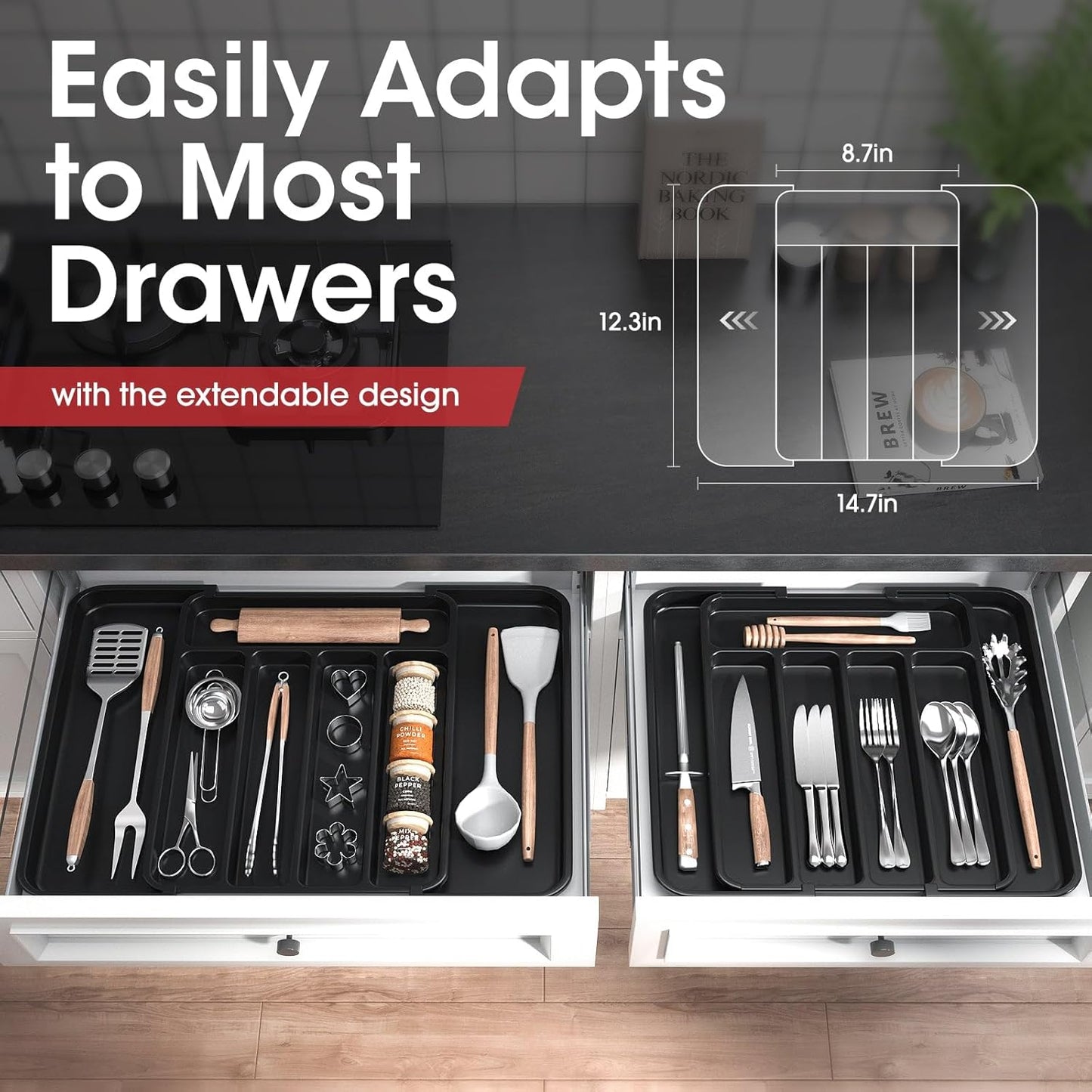 Aujen Silverware Organizer - Expandable Kitchen Drawer Organizer, Adjustable Utensil Organizer