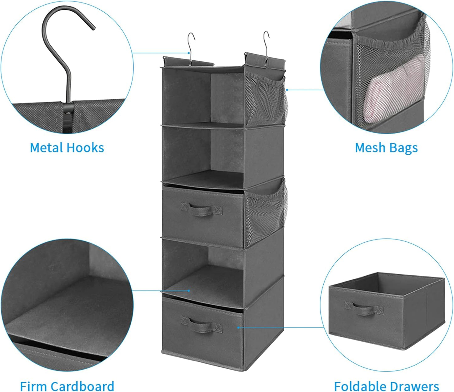 MAX Houser 5 Tier Shelf Hanging Closet Organizer, Cloth Hanging Shelf with 2 Sturdy Hooks for