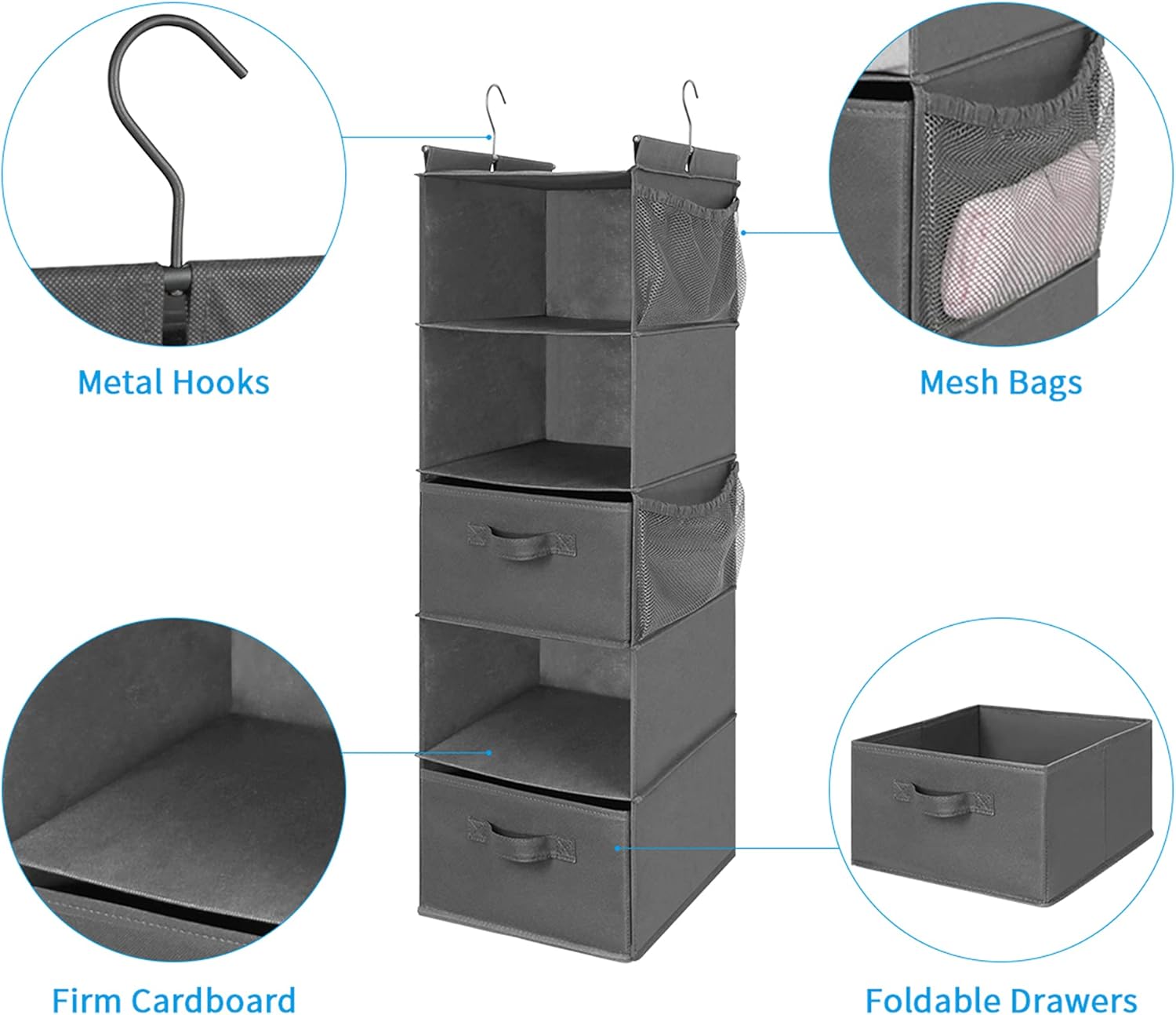 MAX Houser 5 Tier Shelf Hanging Closet Organizer, Cloth Hanging Shelf with 2 Sturdy Hooks for