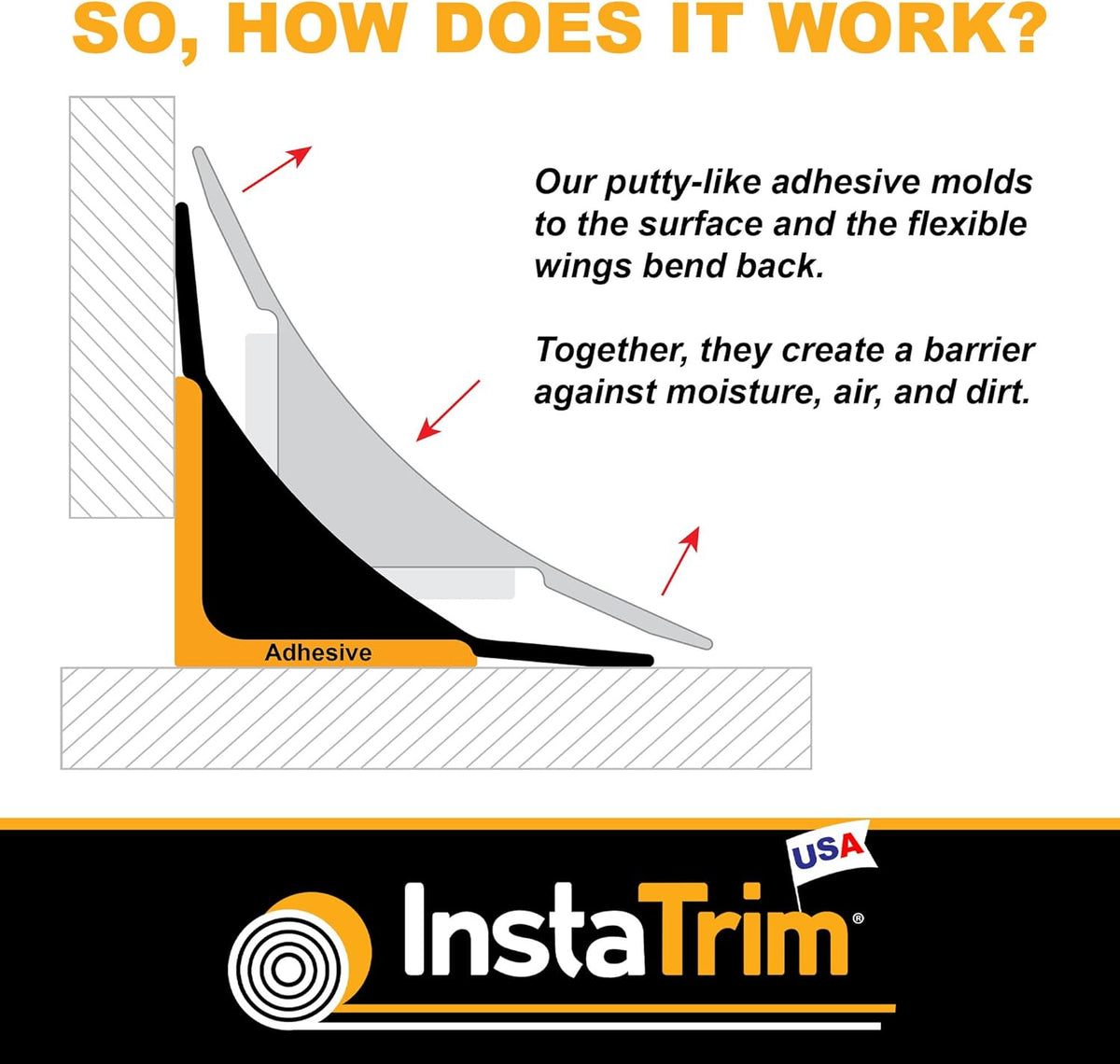 InstaTrim The Original Flexible Trim - 50ft Black 1/2" Wide Caulk Tape - Adhesive Trim with Many