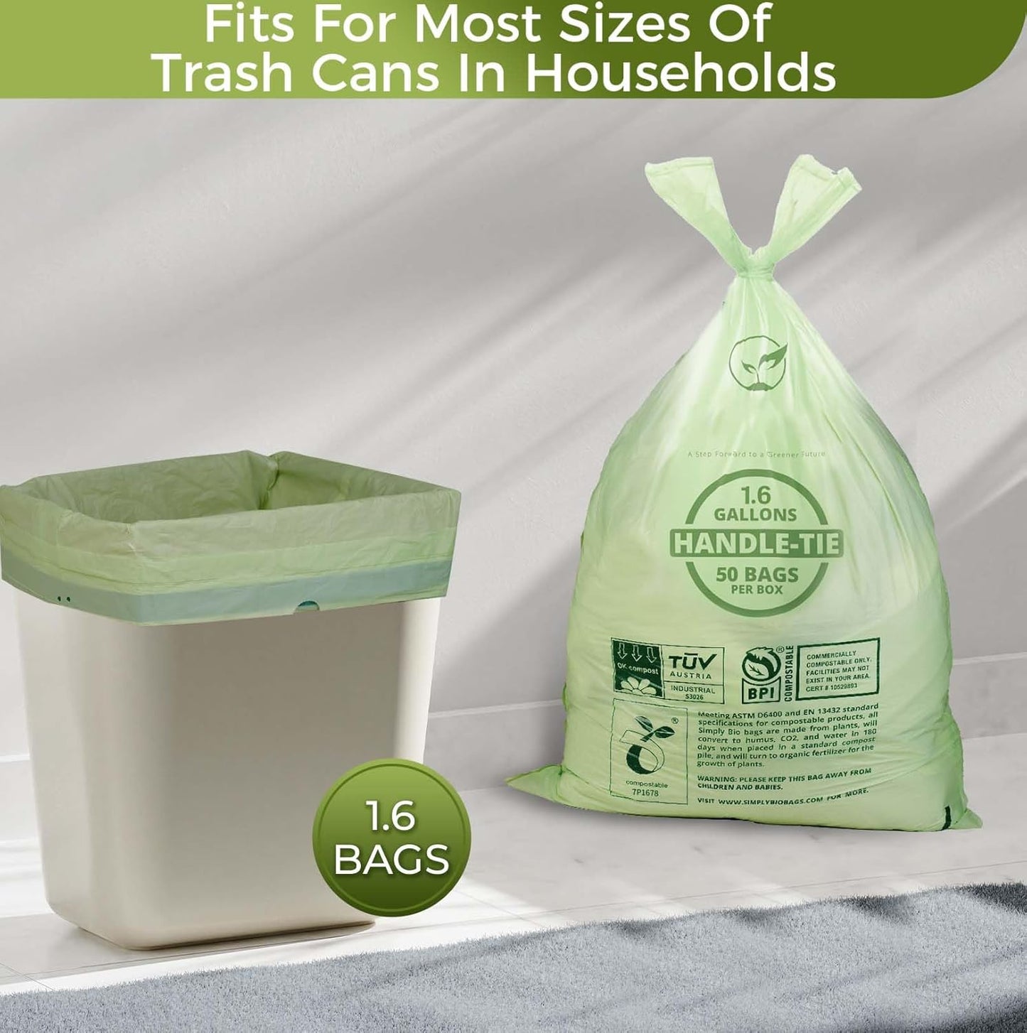 1.6 Gallon Compostable Trash Bags Drawstring, Heavy Duty Extra Thick 0.6 Mil, 6.06 Liter, 50 Bags