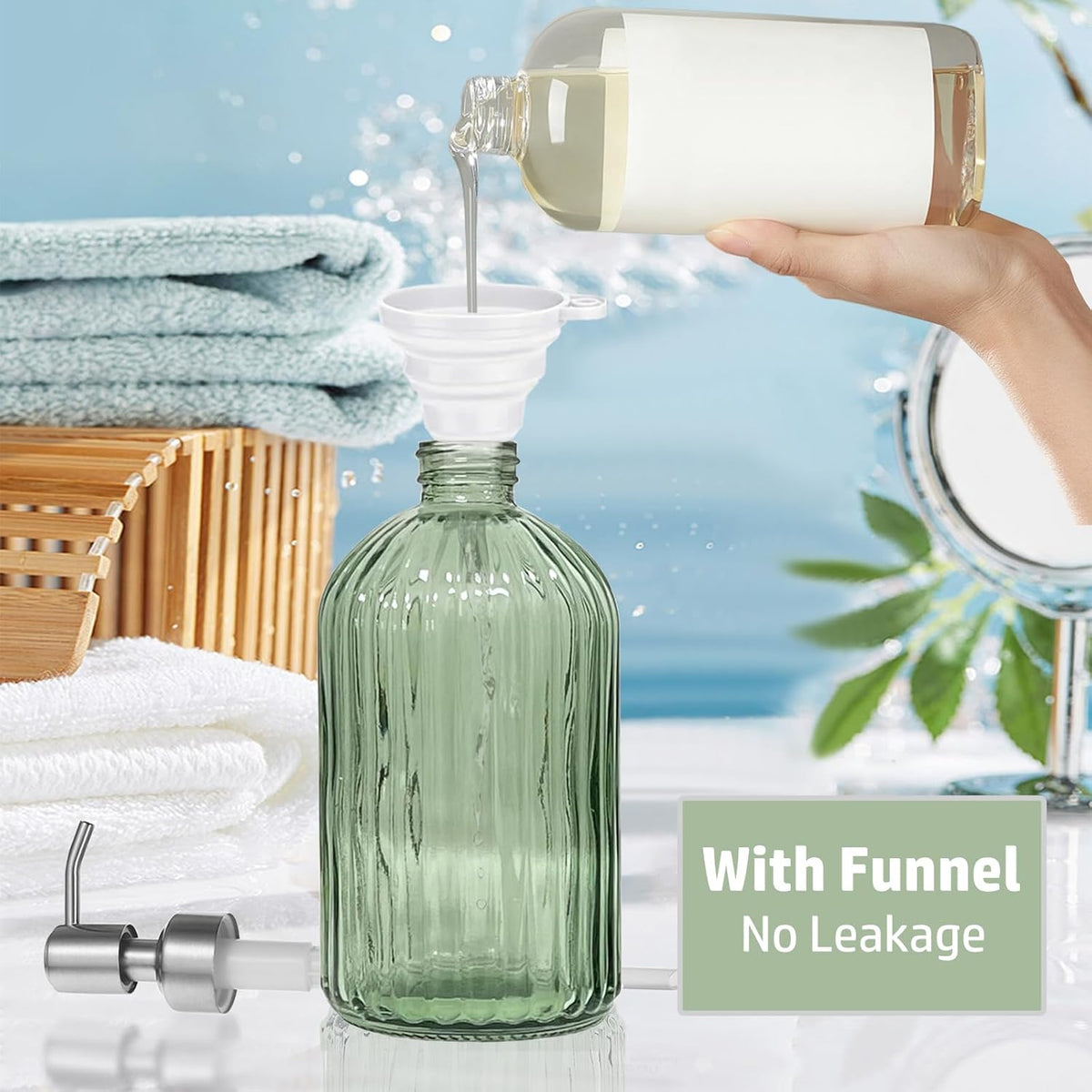 14Oz Green Soap Dispenser Bathroom, Clear Glass Hand Soap Dispensers with Stainless Steel Pump