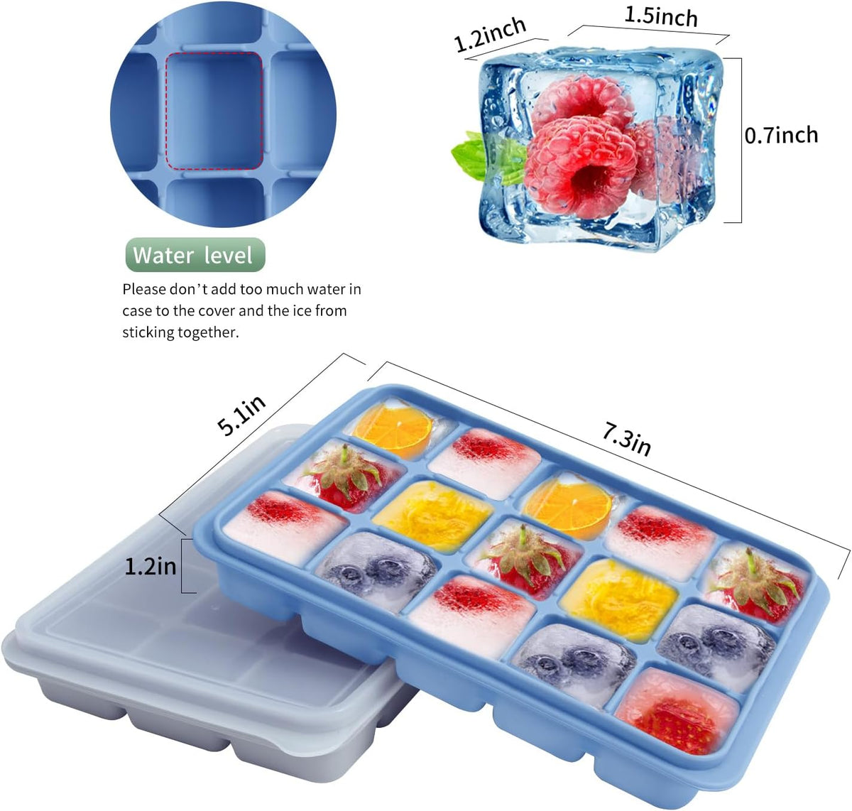 Ice Cube Trays Set of 2, Easy Release 15 Flexible Silicone Ice Cube Molds with Removable Lid