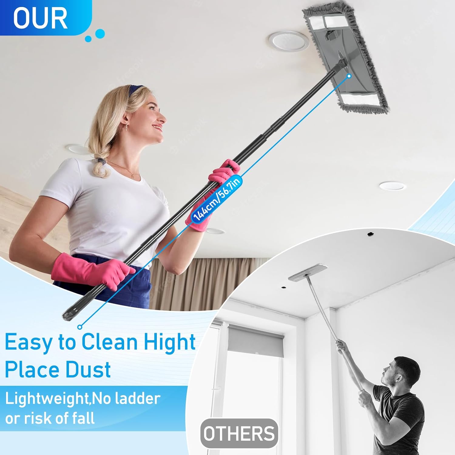 Wall Cleaner Mop with Long Handle, Wall Dust Cleaning Mop for Washing Walls with 2 Microfiber