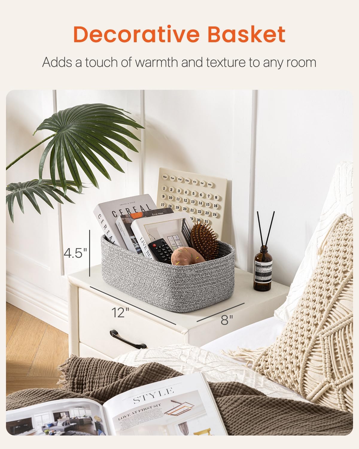 Small Woven Basket, 12 x 8 x 4.5 Inches, Storage Basket for Organizing, Cute Small Rope Shelf