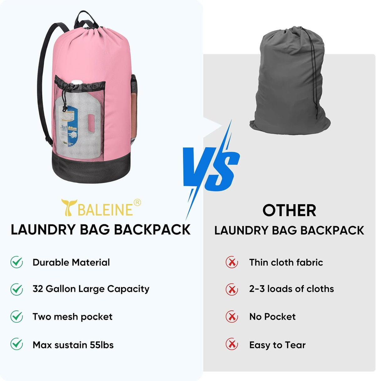 BALEINE 120L Laundry Bag Backpack, 900D Oxford Fabric Large Travel Laundry Bags with Shoulder